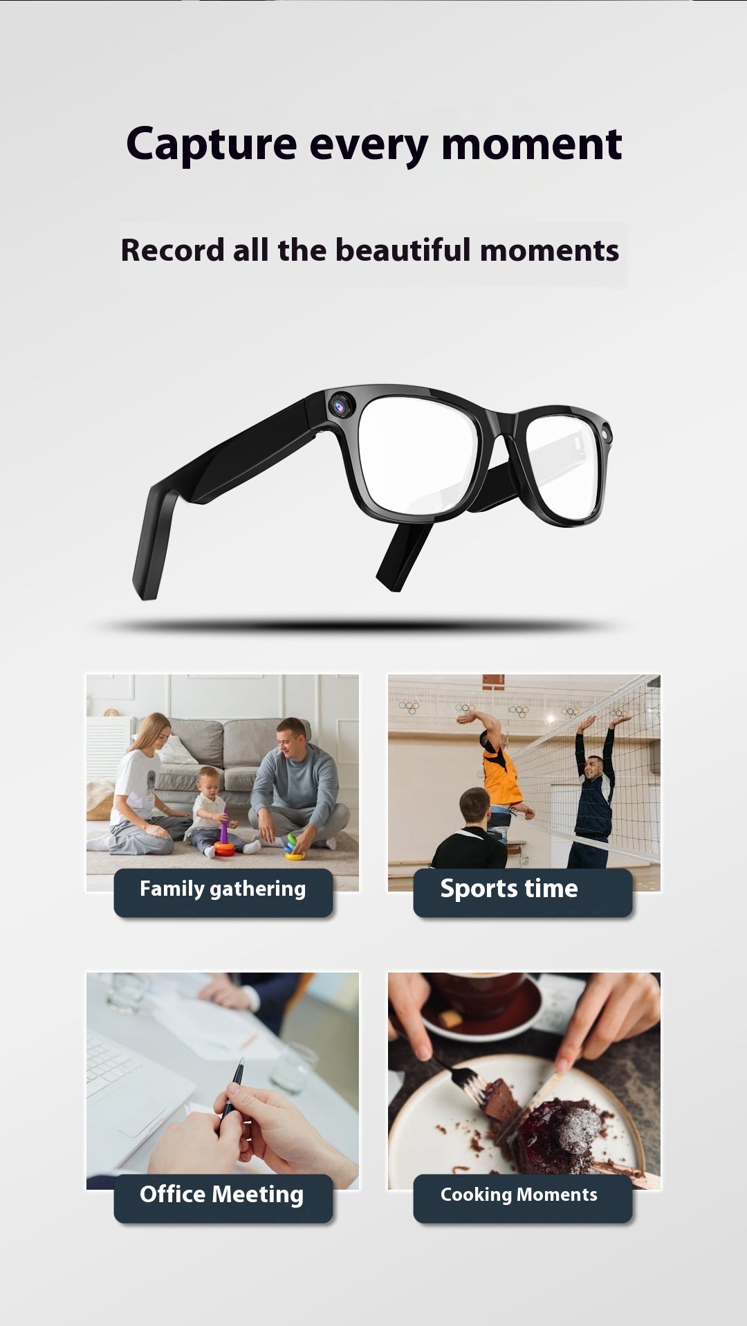 AI Camera Smart Glasses by BackupMyFilesNow.com featuring sleek design with built-in camera and smart technology for capturing photos and videos.