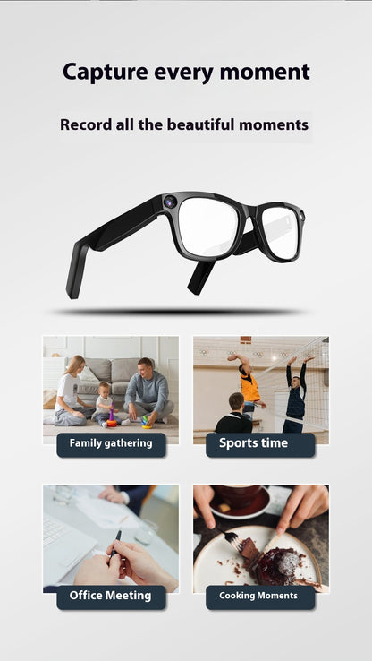 AI Camera Smart Glasses by BackupMyFilesNow.com featuring sleek design with built-in camera and smart technology for capturing photos and videos.