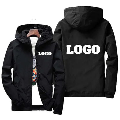 Black men's waterproof windbreaker jacket with customized orange name print, casual plus size 7XL outdoor sportswear.