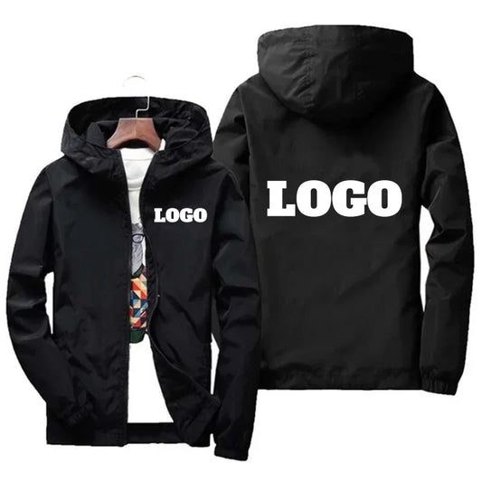 Black men's waterproof windbreaker jacket with customized orange name print, casual plus size 7XL outdoor sportswear.