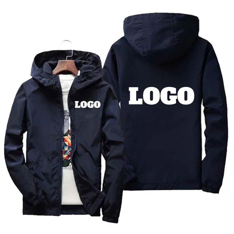 Black men's waterproof windbreaker jacket with customized orange name print, casual plus size 7XL outdoor sportswear.