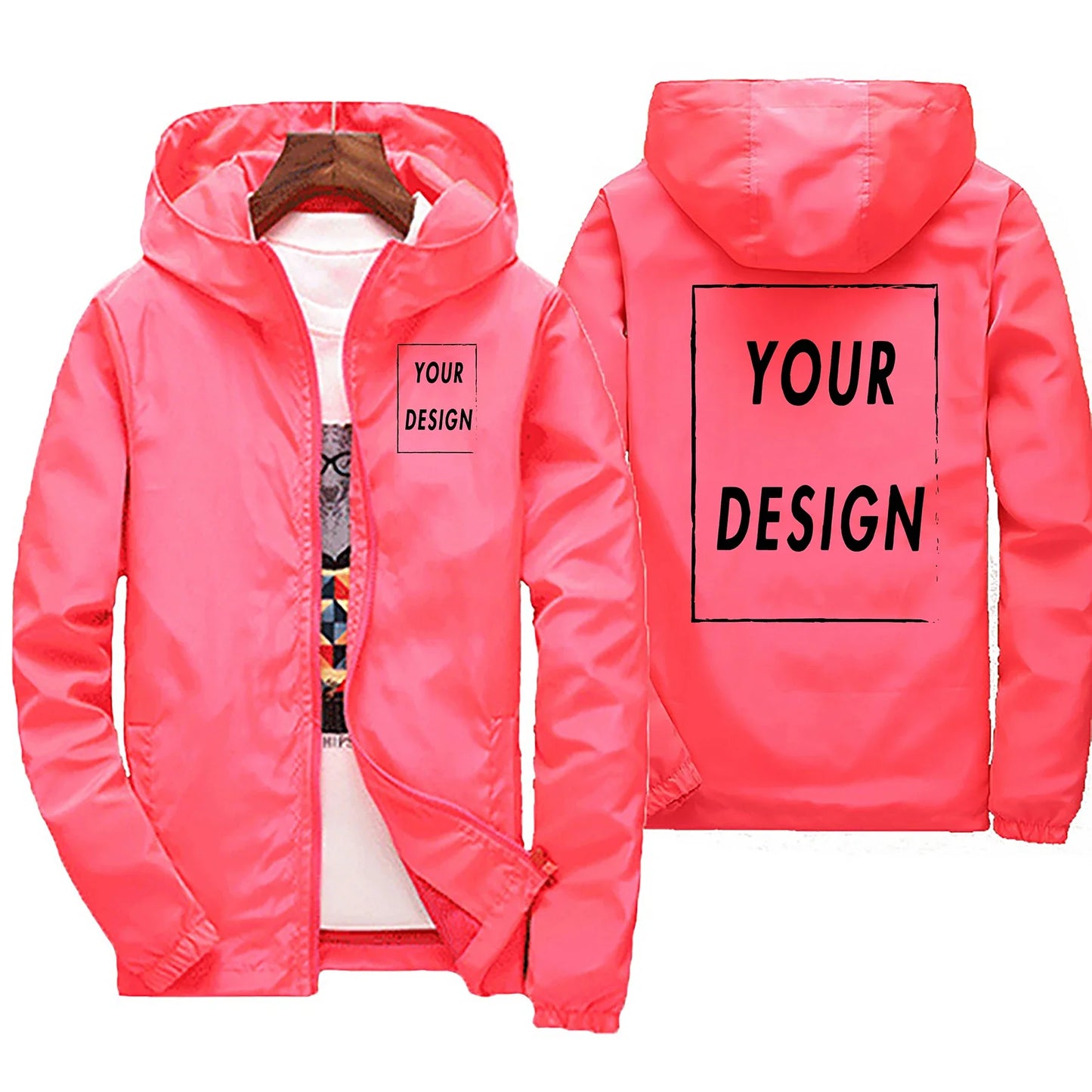 Black men's waterproof windbreaker jacket with customized orange autumn design, plus size 7XL, casual outdoor sportswear, no logo.