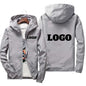 Black men's waterproof windbreaker jacket with customized orange name embroidery, plus size 7XL, outdoor casual sportswear.