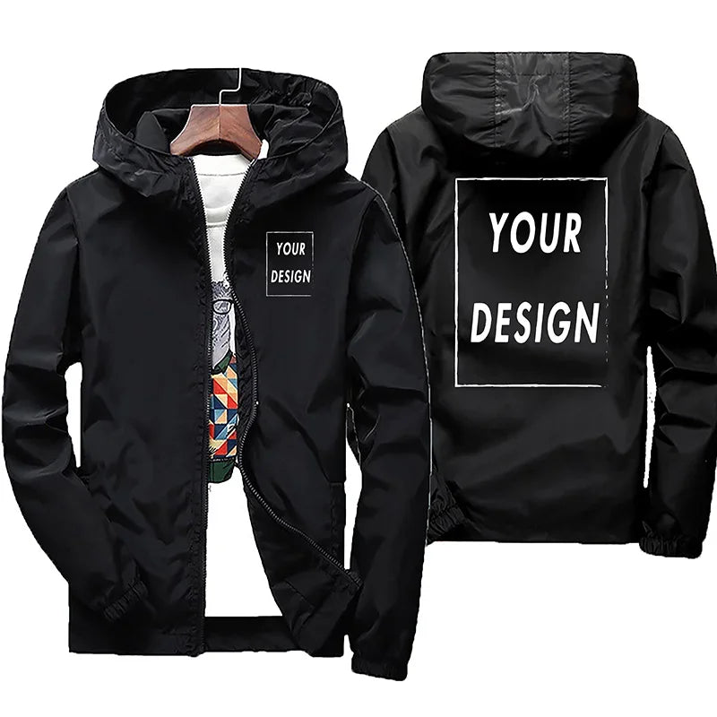 Black men's waterproof windbreaker jacket with customized orange autumn name print, casual outdoor sportswear, plus size 7XL.