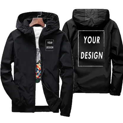 Black men's waterproof windbreaker jacket with customized orange autumn name print, casual outdoor sportswear, plus size 7XL.