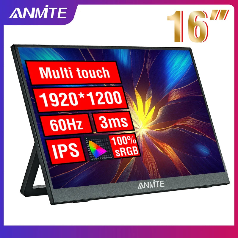 Anmite 16-inch portable touchscreen and non-touch monitor with 1200P HDR display, ideal for gaming and PC extension.