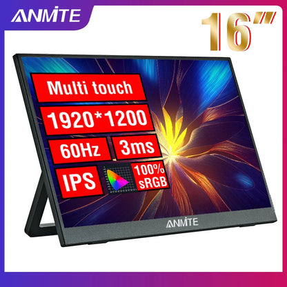 Anmite 16-inch portable touchscreen and non-touch monitor with 1200P HDR display, ideal for gaming and PC extension.