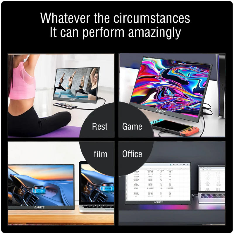 Anmite 16-inch portable monitor with HDR display, non-touch option, suitable for Xbox, PS4, Switch, cell phone, and PC extension.