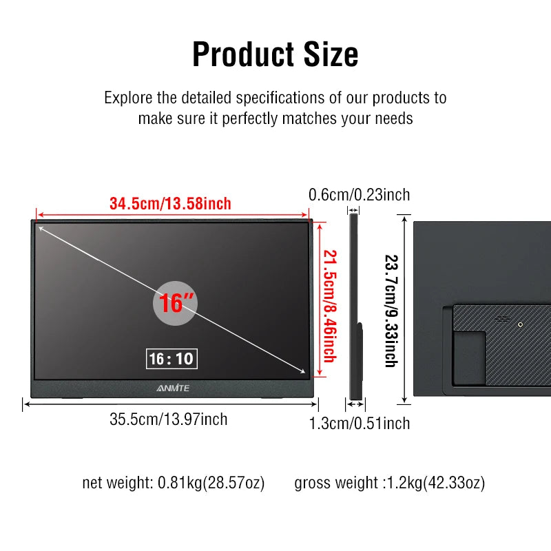 Anmite 16-inch portable touch monitor with optional non-touch screen, 1200P HDR display, suitable for gaming and PC extension.