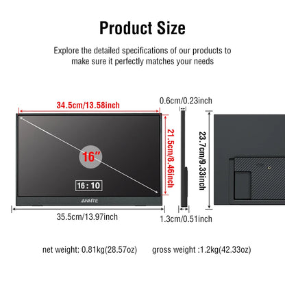 Anmite 16-inch portable touch monitor with optional non-touch screen, 1200P HDR display, suitable for gaming and PC extension.