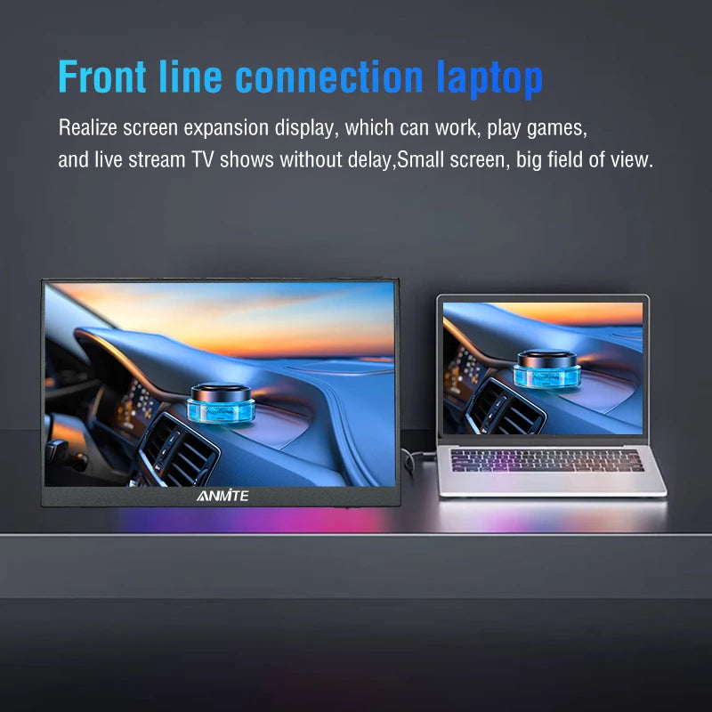 Anmite 16-inch portable monitor with 1200P HDR display, optional touch, suitable for gaming consoles, PC, and mobile devices.