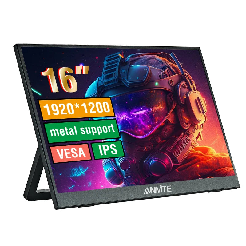 Anmite 16-inch portable touch monitor with 1200P HDR display, suitable for gaming consoles, PC, and smartphones, non-touch version.