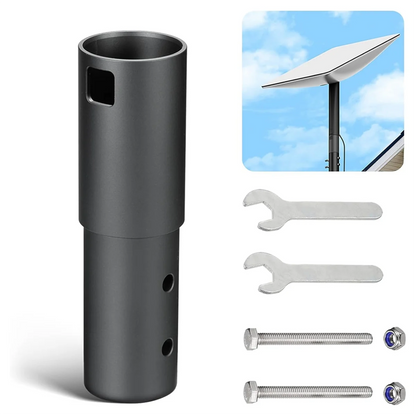 Aluminum alloy pole mount and pipe adapter kit for Starlink Dish V2 satellite antennas, designed for mast installation without U clamp.
