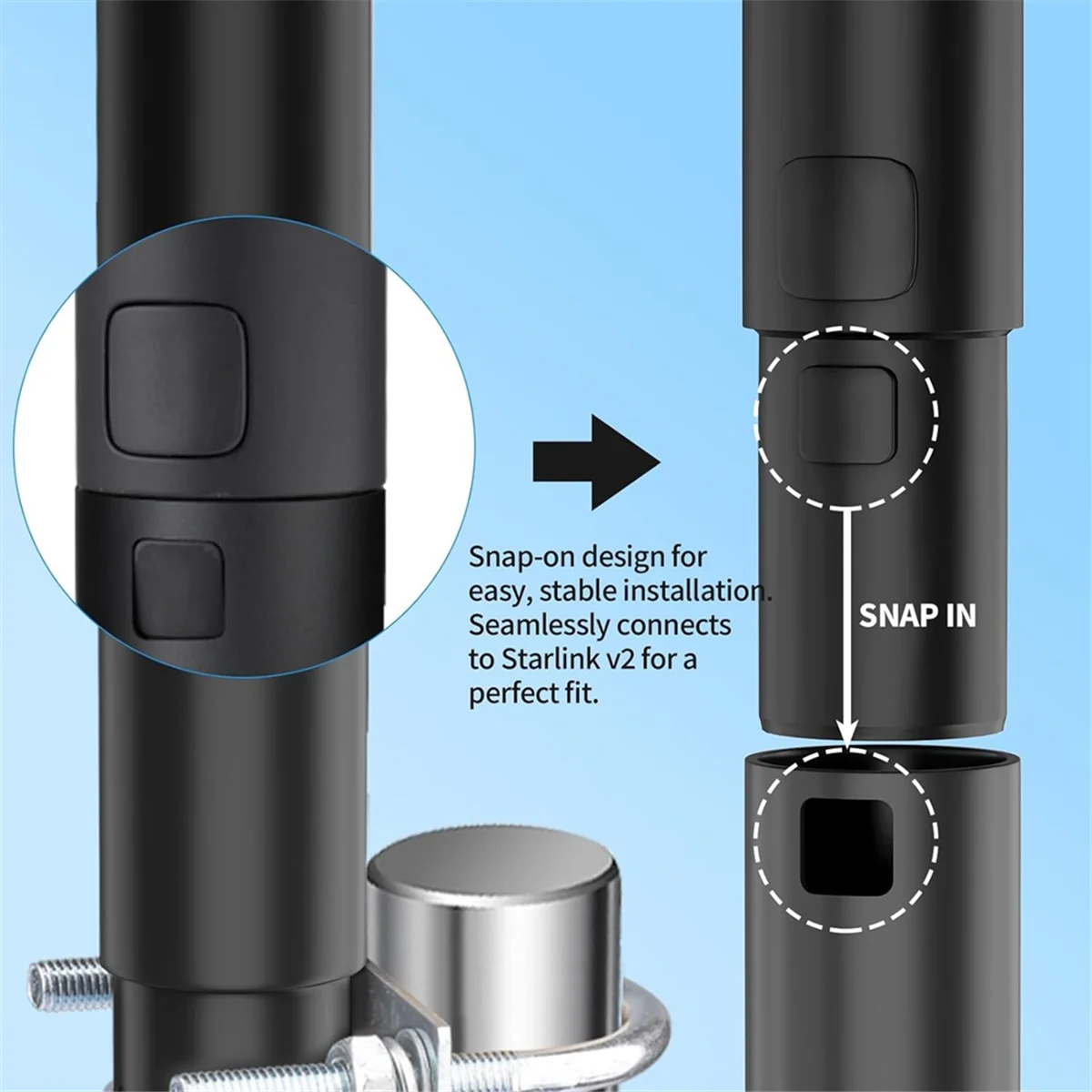 Aluminum alloy pole mount pipe adapter kit for Starlink Dish V2 antenna mast, designed for satellite dish installation without U clamp.