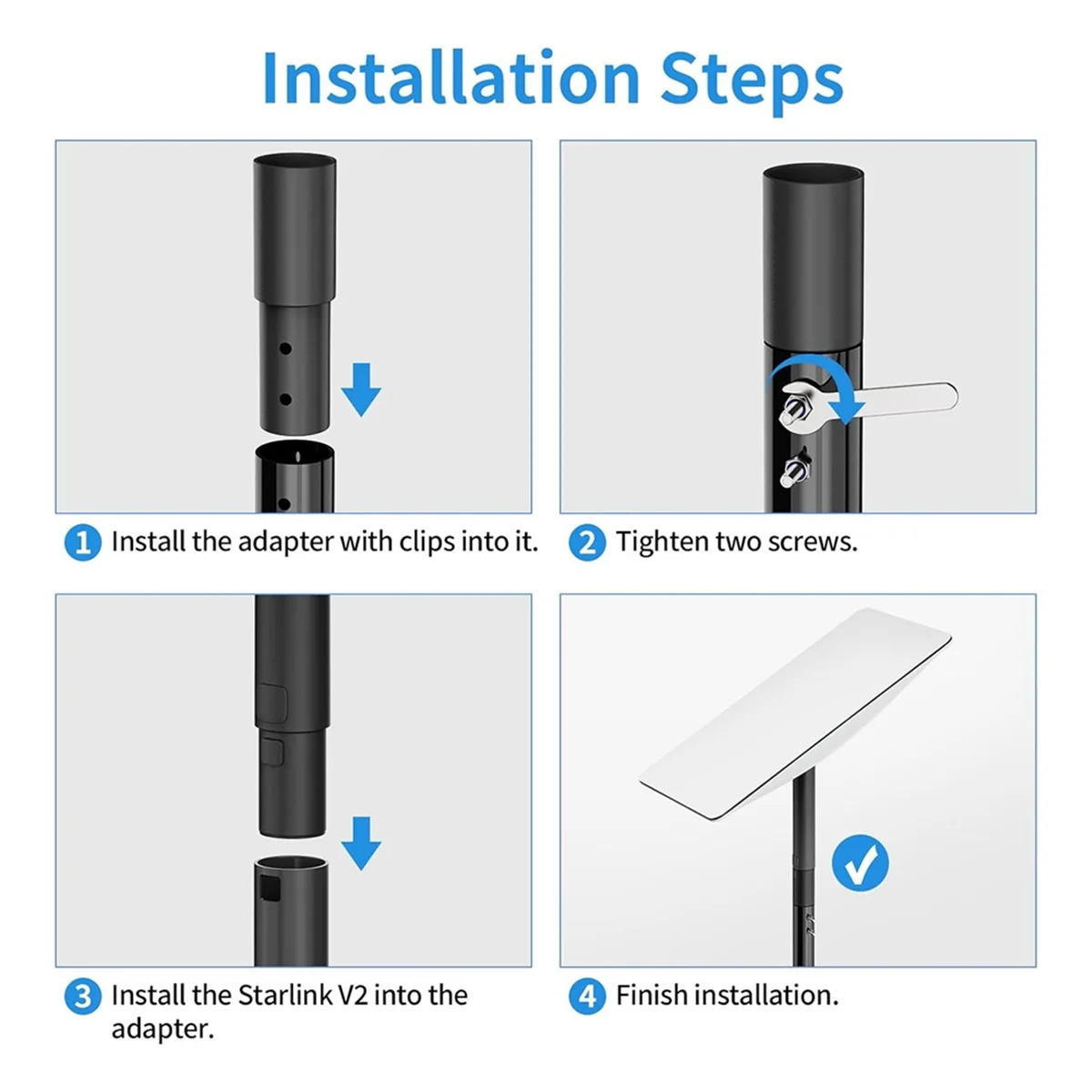 Aluminum pole mount pipe adapter kit for Starlink Dish V2, suitable for satellite mast installation without U clamp.