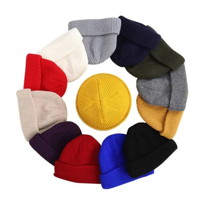 Navy blue knitted beanie cap for men and women, warm wool fashion skullies, simple solid autumn winter hat, stylish and cozy.