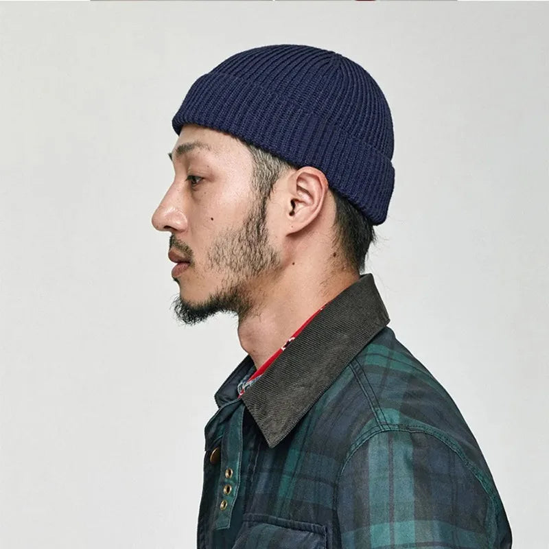 Navy blue knitted beanie cap for men and women, wool fashion skullies hat, warm autumn winter winter hat, solid style.