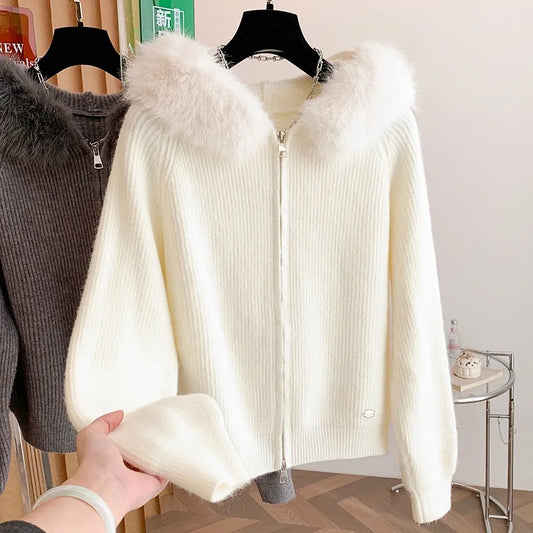 Apricot-colored women's hooded sweater with fur collar, long sleeves, casual elegant style, solid color, wholesale autumn fashion.