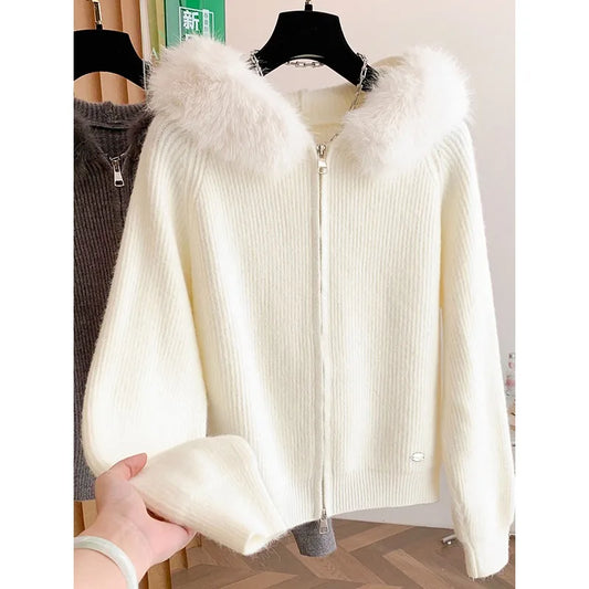 Women's solid color apricot hooded sweater with fur collar, long sleeves, casual elegant style, from BackupMyFilesNow.com.