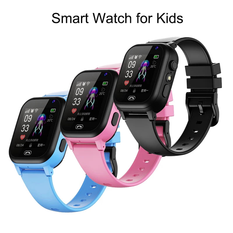 Pink kids' smart watch with GPS, camera, video, music, games, alarm, and calculator features, suitable for children.