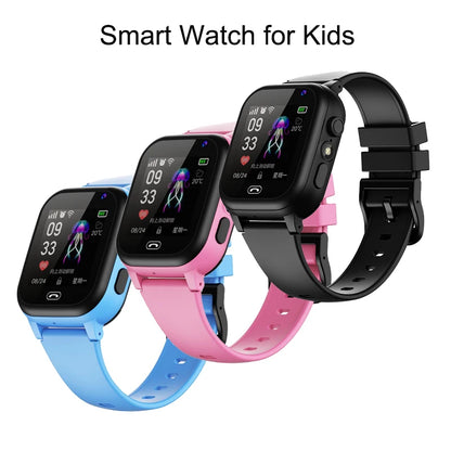 Pink kids' smart watch with GPS, camera, video, music, games, alarm, and calculator features, suitable for children.