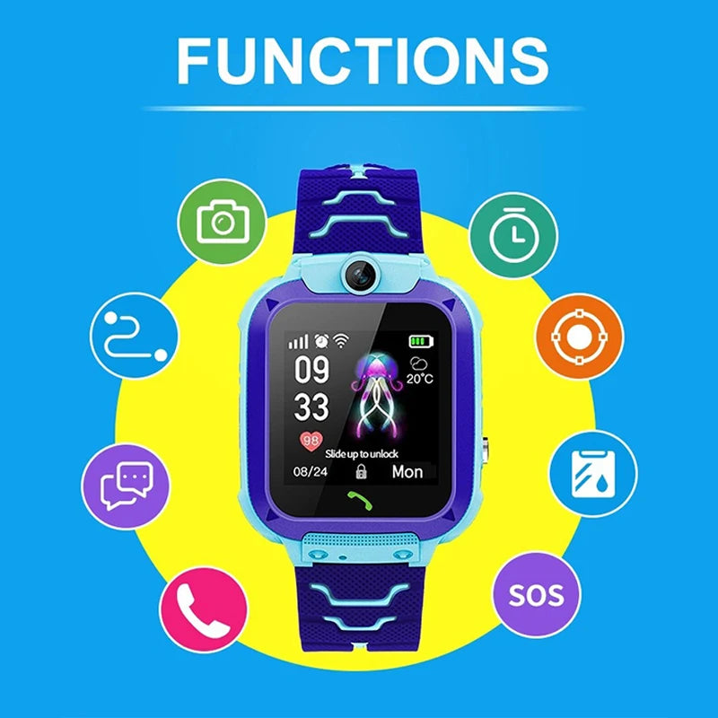 Pink kids' smart watch with camera, video, music, games, location tracking, alarm, and calculator functionality.