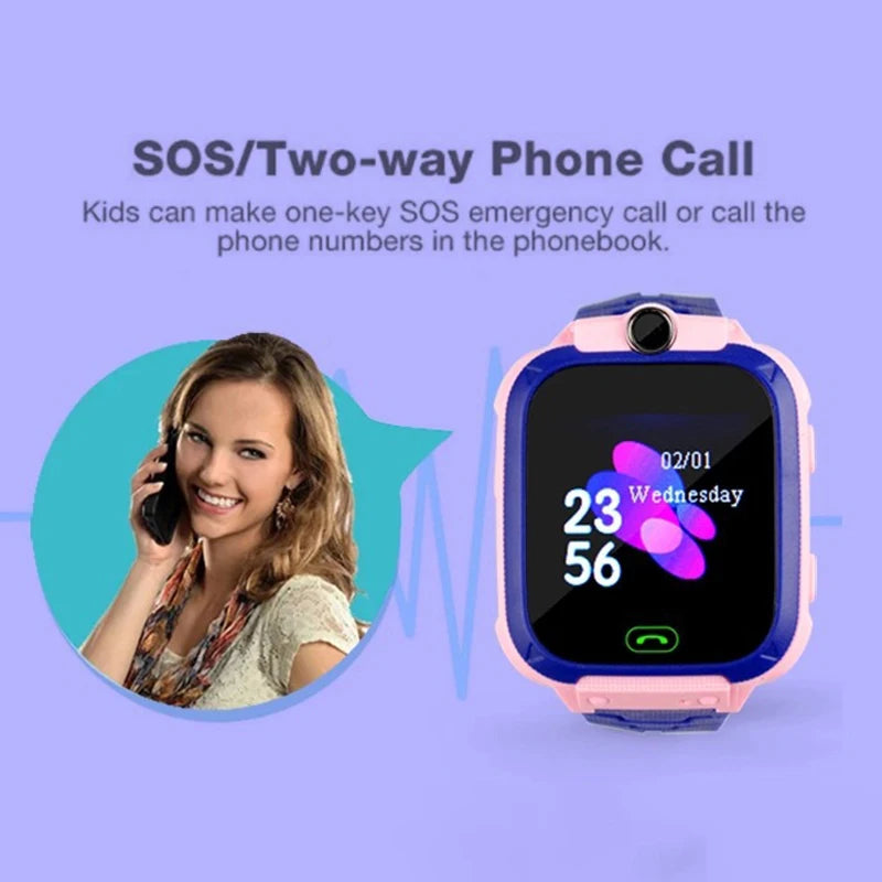 Pink kids' smartwatch with GPS, camera, video, music, games, alarm, and calculator by BackupMyFilesNow.com.