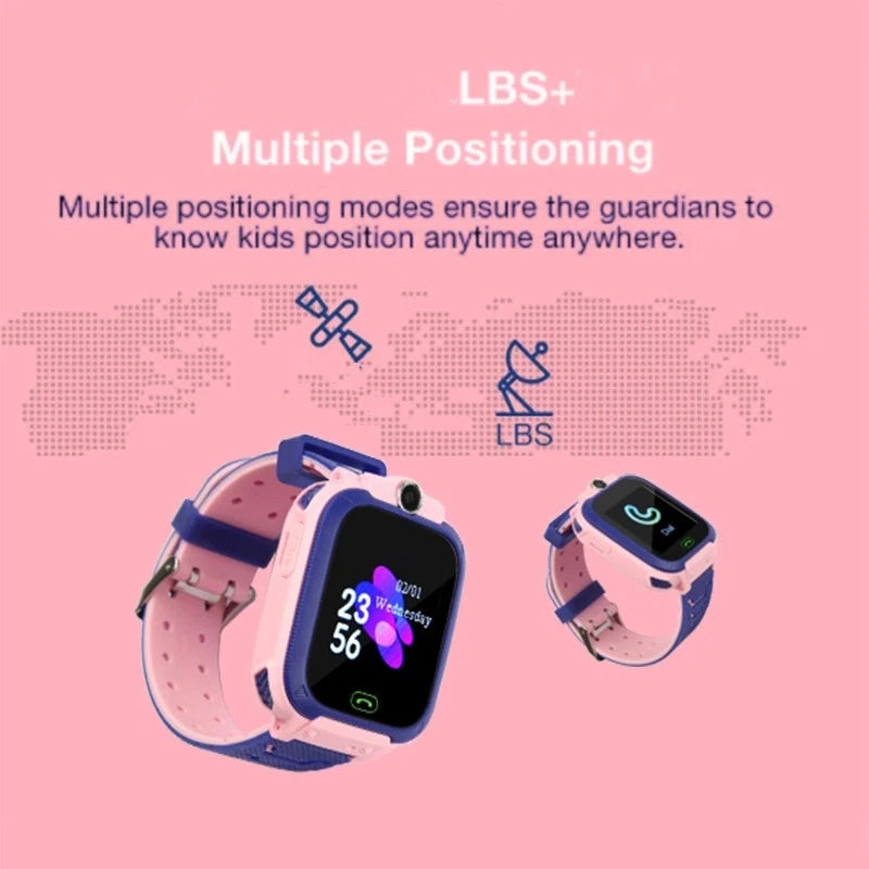 Pink kids' smart watch with GPS location, camera, video, music, games, alarm, and calculator features for children.