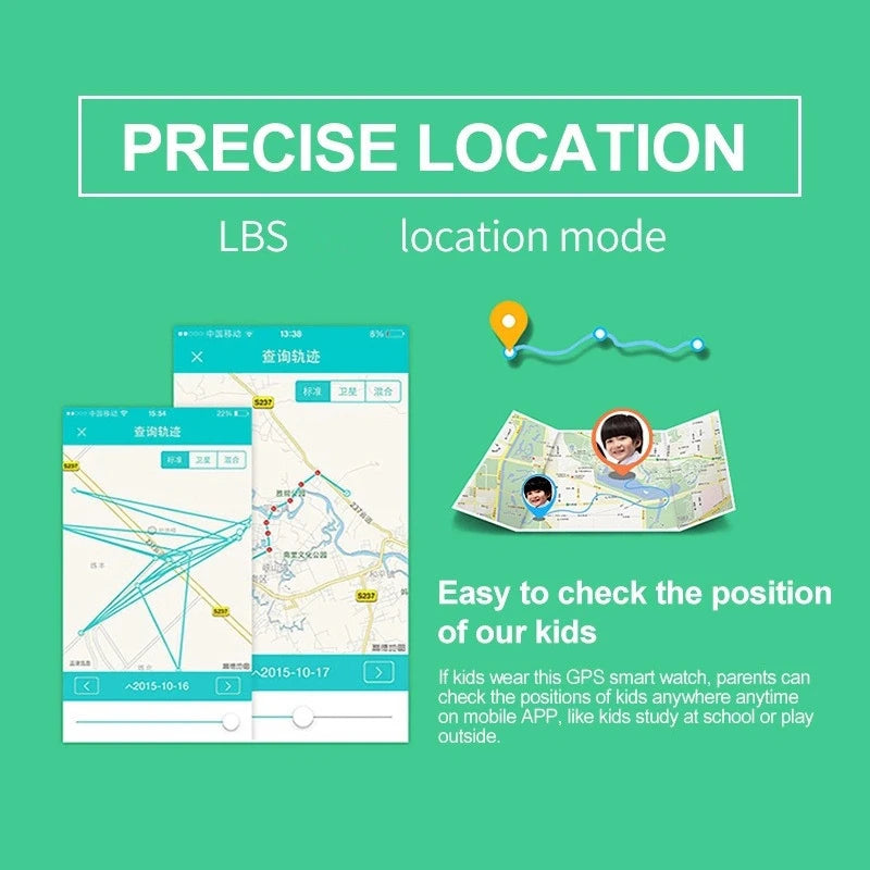 Pink kids' smart watch with location tracker, camera, video, music, games, alarm, and calculator features.