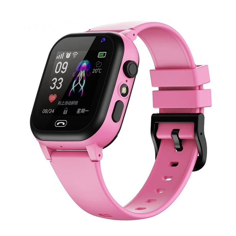 Pink kids' smart watch with GPS, camera, video, music, games, alarm, and calculator features, designed for children.