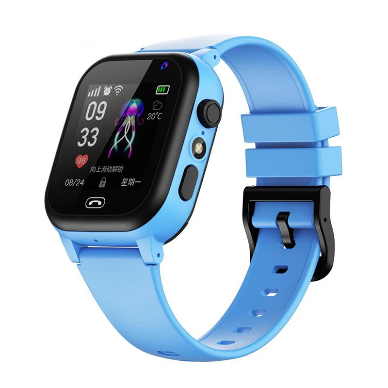 Pink kids' smart watch with GPS, camera, video, music, games, alarm, and calculator features for children.