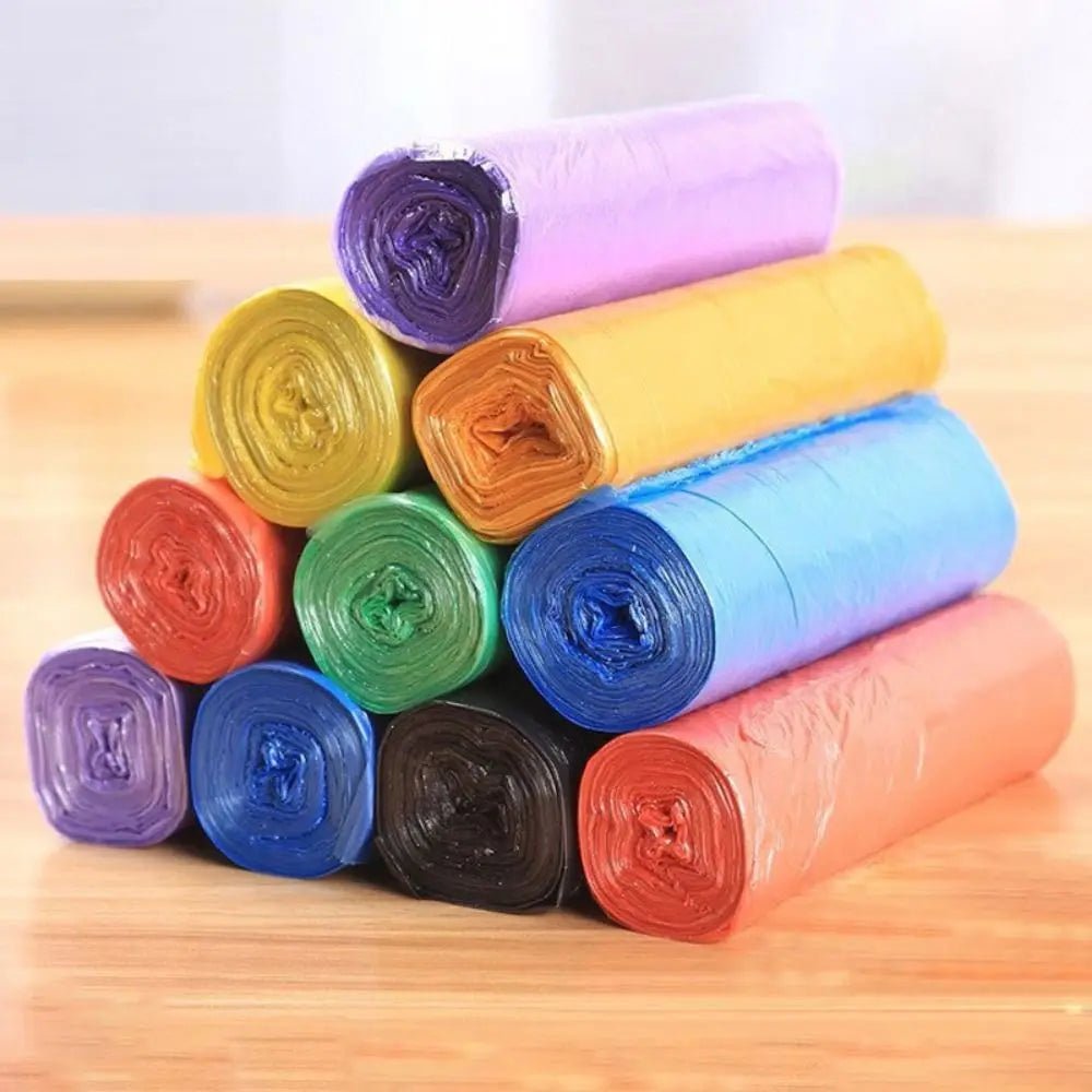 Set of five purple durable disposable trash pouches, 45x50cm household garbage bags for cleaning and waste storage.