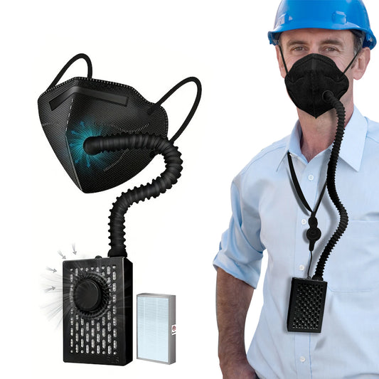 Electric KN95 mask with fan and replaceable filters, reusable respirator face mask for dust, outdoor sports, and breathing ease.