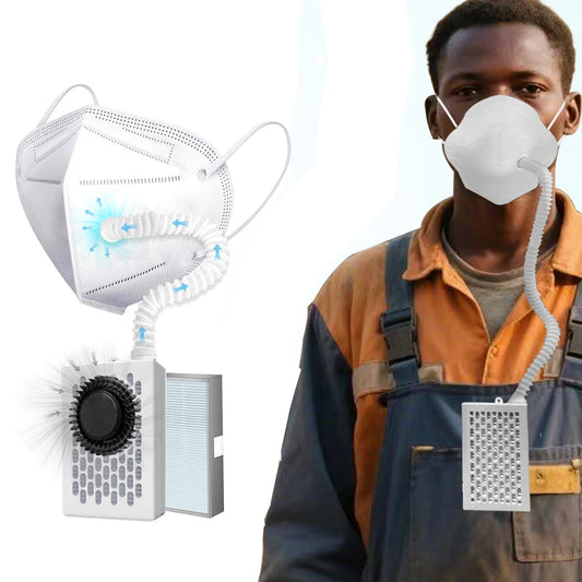 Electric KN95 mask with fan and replaceable filters, reusable respirator face mask for dust protection during outdoor sports and work.