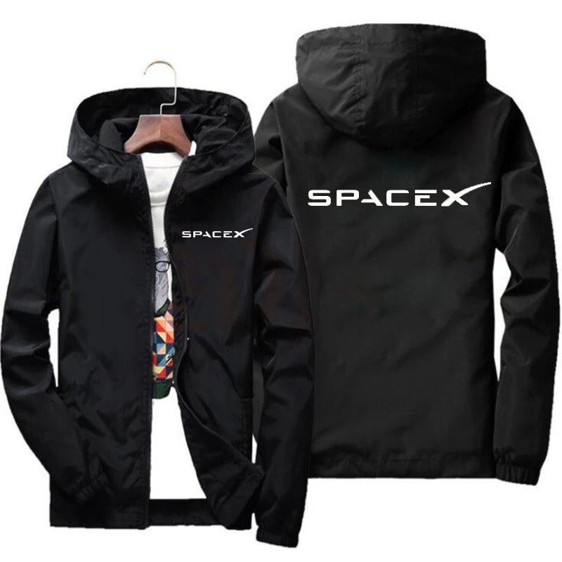 Men's SpaceX logo hoodie in orange, casual zip-up jacket with protective racing suit style, ideal for spring and autumn wear.