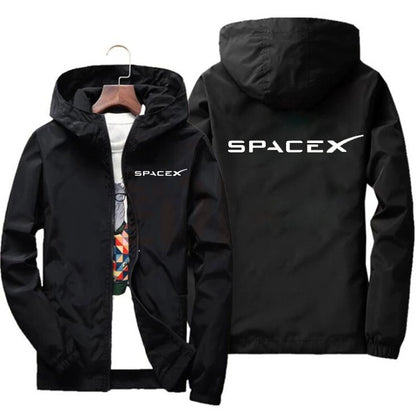 Men's SpaceX logo hoodie in orange, casual zip-up jacket with protective racing suit style, ideal for spring and autumn wear.
