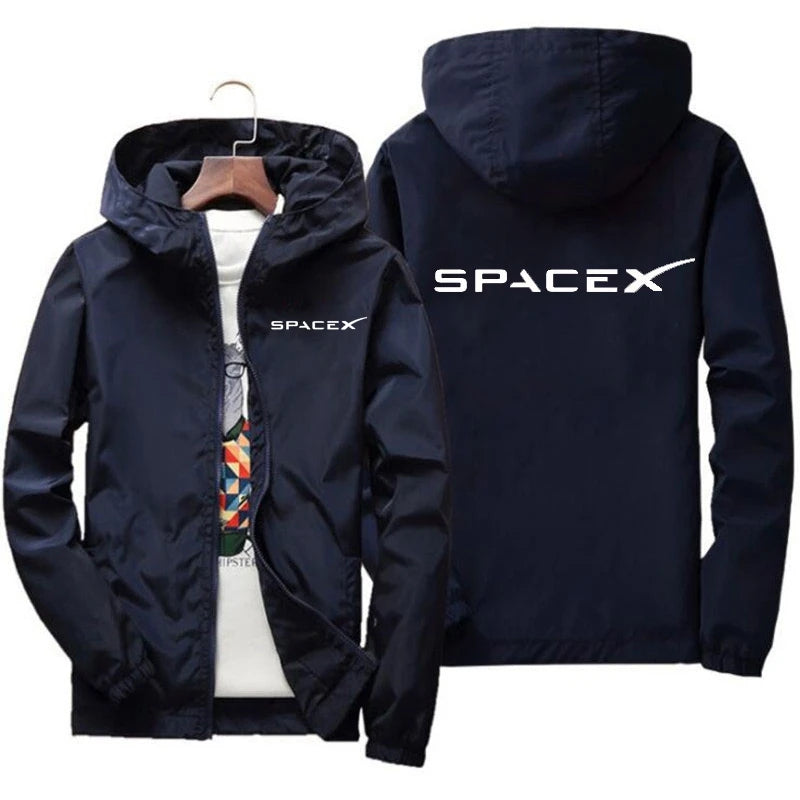 Orange SpaceX logo hoodie for men, casual spring and autumn jacket with zipper, sporty and protective design.