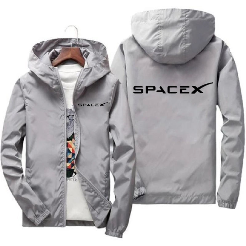 Orange SpaceX logo hoodie for men, casual spring and autumn jacket with zipper, sporty protective design, by BACKUPMYFILESNOW.COM®.