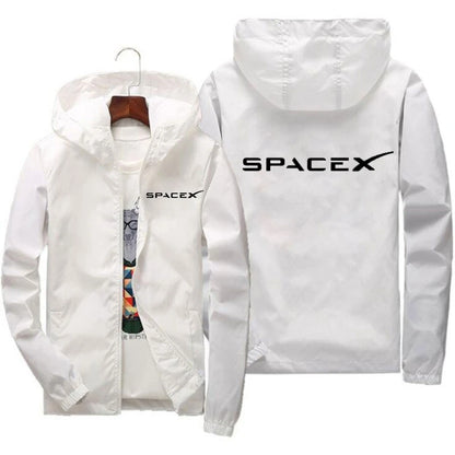 Men's SpaceX logo hoodie by BACKUPMYFILESNOW.COM®, casual spring/autumn sports zip jacket with protective design and vibrant orange color.