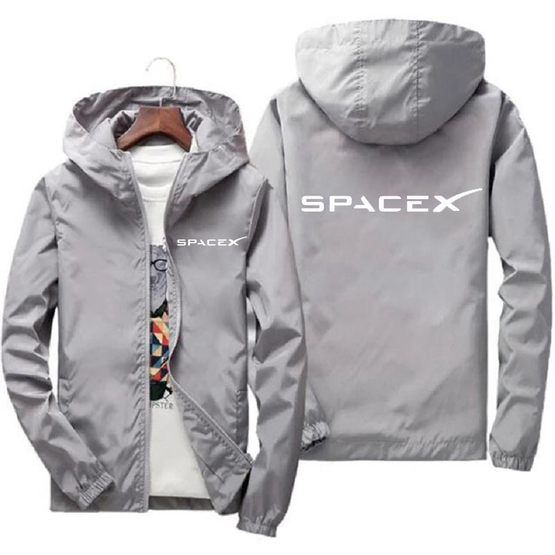 Orange men's SpaceX logo hoodie with zipper, casual style, suitable for spring and autumn, protective racing-inspired coat.