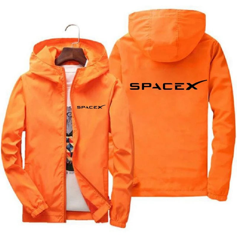 Orange men's SpaceX logo hoodie by BACKUPMYFILESNOW.COM, casual spring and autumn zipper jacket with protective racing suit style.