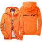 Orange men's SpaceX logo hoodie by BACKUPMYFILESNOW.COM, casual spring and autumn zipper jacket with protective racing suit style.
