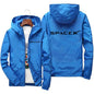 Men's SpaceX logo hoodie, orange casual zip-up jacket with printing, suitable for spring and autumn, sporty protective design.