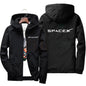 Orange men's SpaceX logo hoodie by BACKUPMYFILESNOW.COM, casual spring/autumn protective zip-up jacket with racing suit style.