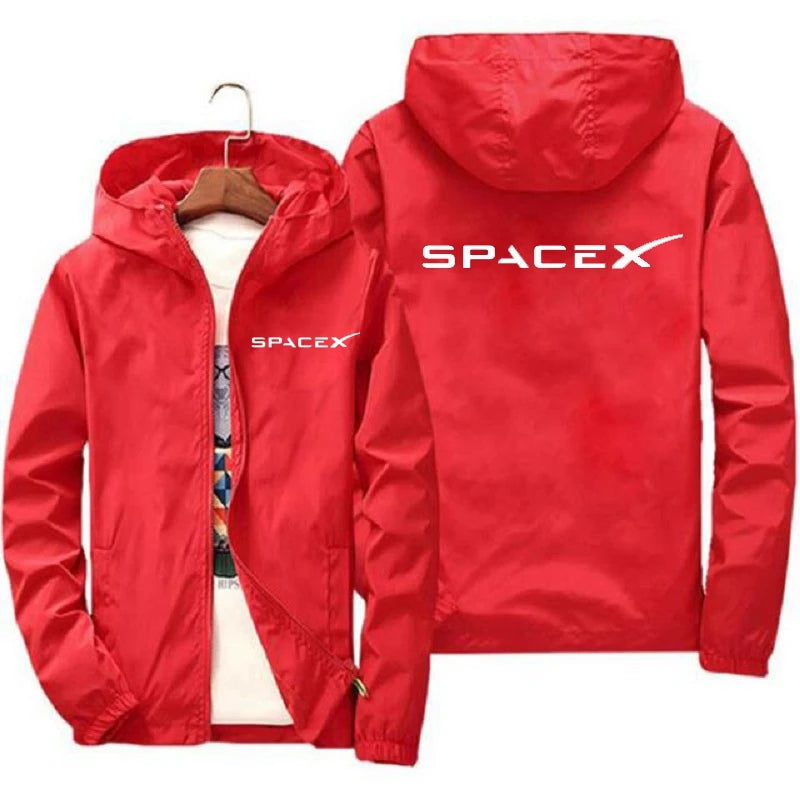 Orange men's SpaceX logo hoodie with zipper, casual spring and autumn protective racing jacket, sporty and stylish.