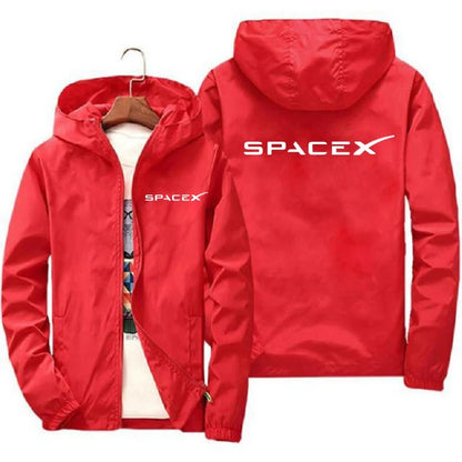 Orange men's SpaceX logo hoodie with zipper, casual spring and autumn protective racing jacket, sporty and stylish.