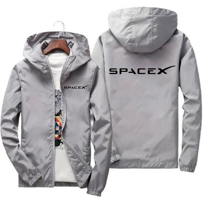 Orange men's SpaceX logo hoodie with zipper, casual racing-inspired jacket for spring and autumn, sporty protective coat.