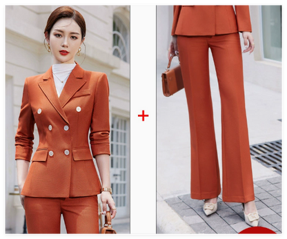 Orange women's business suit with formal jacket and trousers, stylish and professional for office or business meetings.