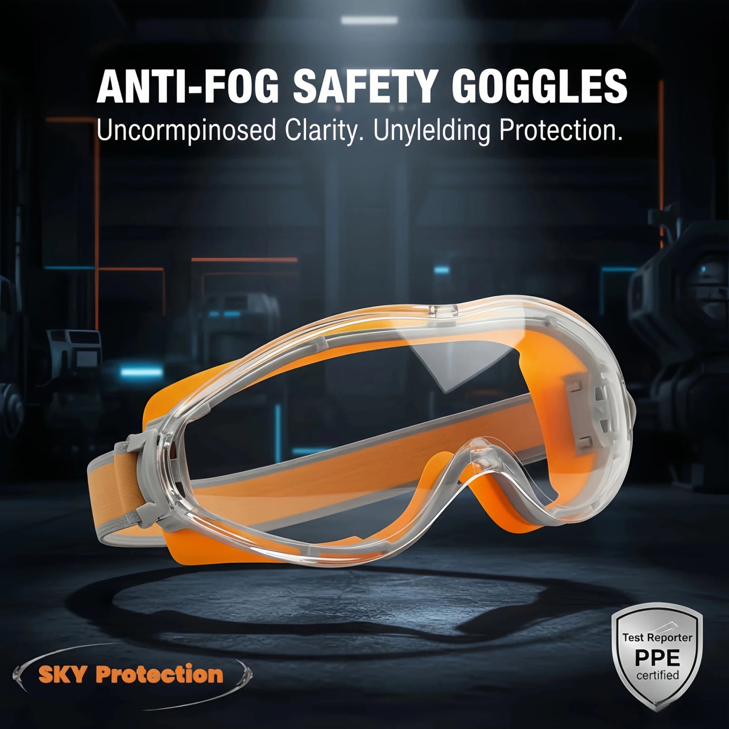 Orange safety glasses with clear lenses, anti-fog, splash-proof, dust-proof, windproof goggles for industrial work and labs.