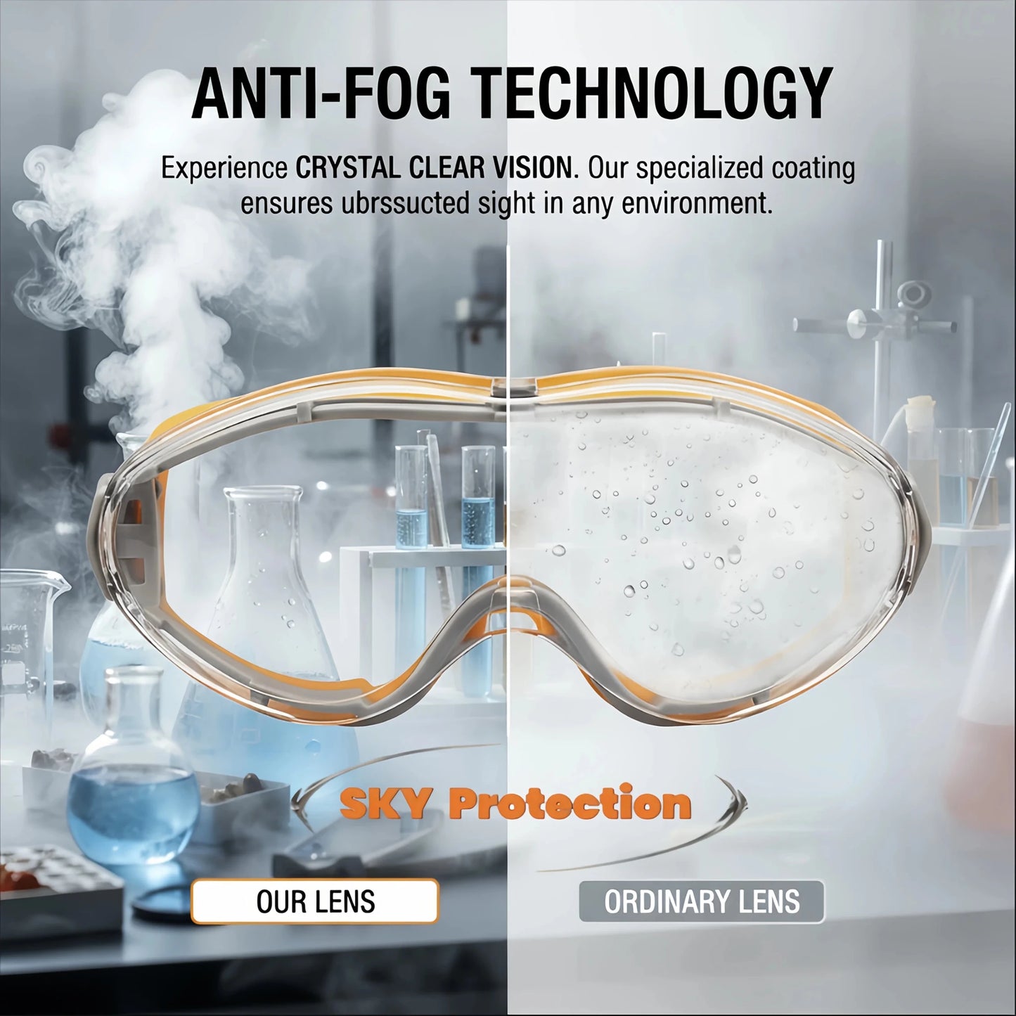 Orange safety glasses with clear anti-fog, splash-proof, dust-proof, windproof protective goggles for lab and industrial work.